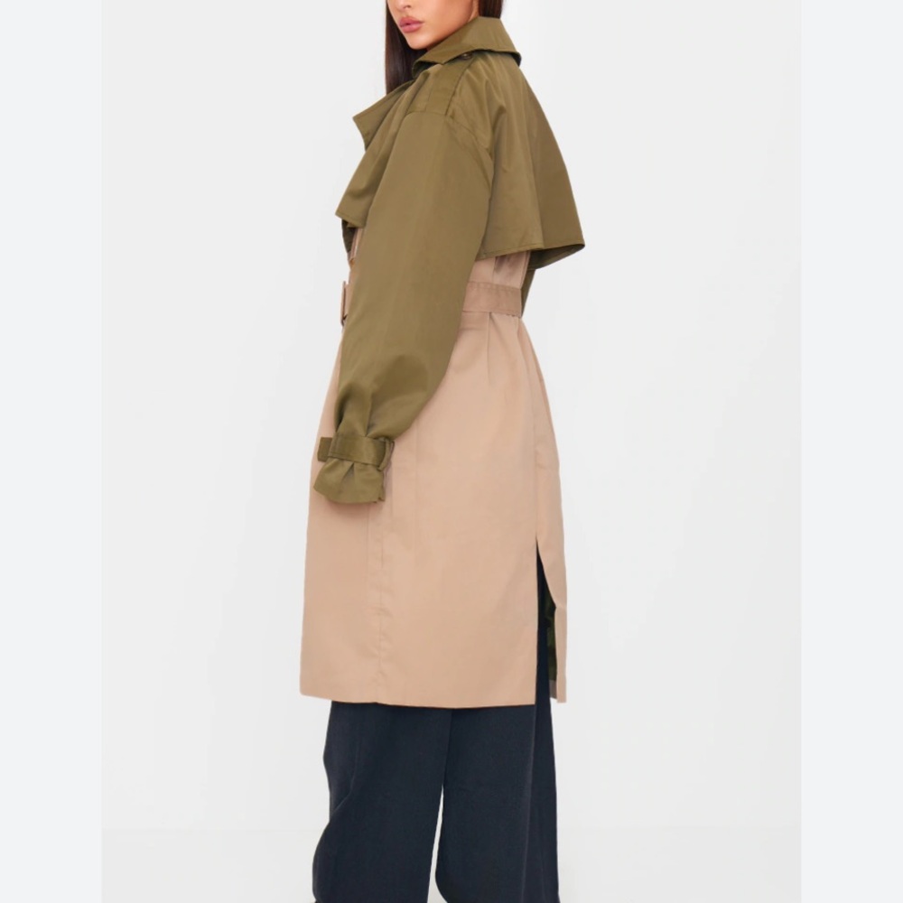 PrettyLittleThing Olive and Beige Oversized Trench Coat - Picture 2 of 7